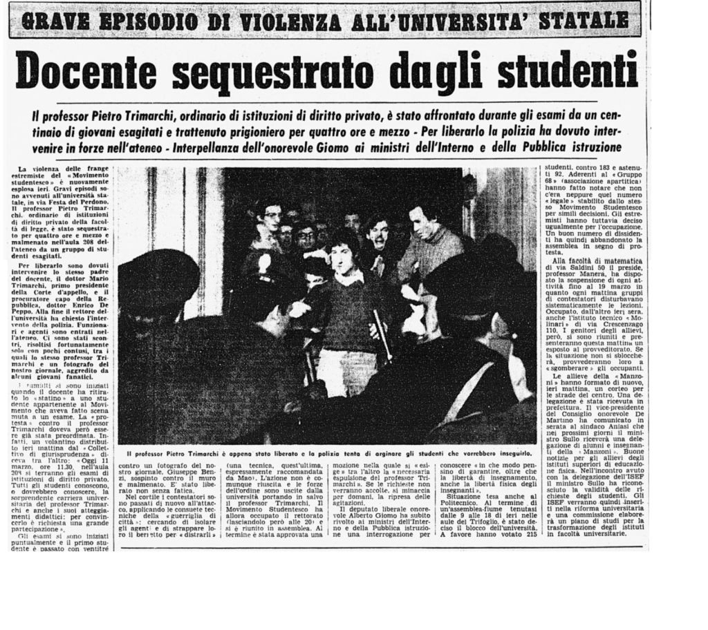 La storia del Prof. Pietro Trimarchi e delle contestazioni subite da parte del movimento studentesco. Ovvero, di come da una bocciatura si passò a uno dei momenti chiave del ‘68 italiano.