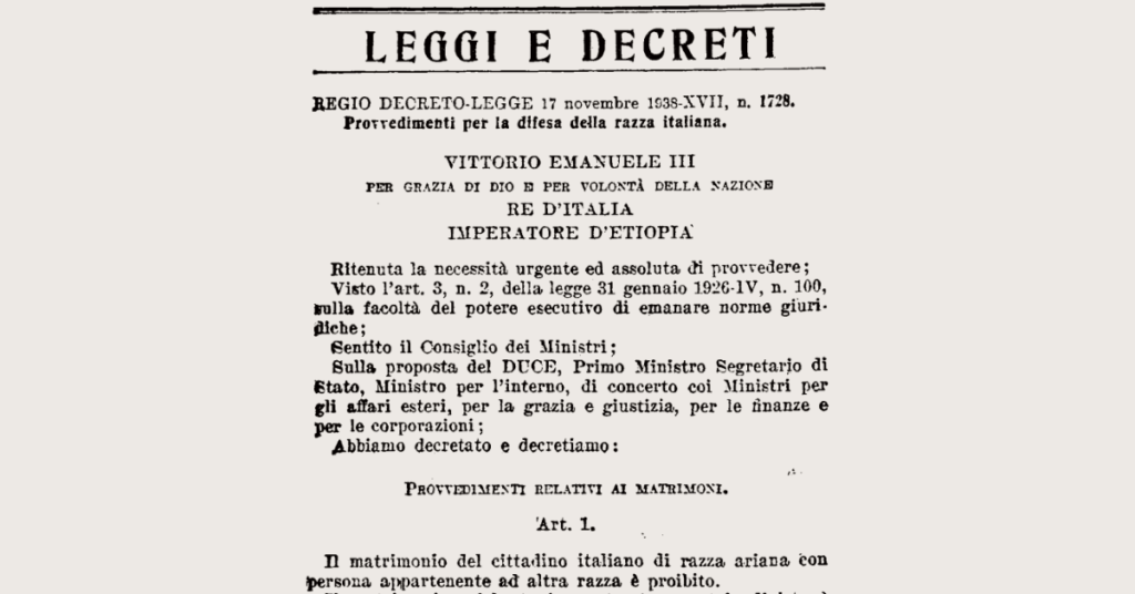 Il 17 novembre 1938 vengono promulgate le leggi razziali, tra cui quelle sui matrimoni misti. I coniugi Mugliesi e Nacson sono i primi ad affrontare un processo per aver violato la nuova legge.