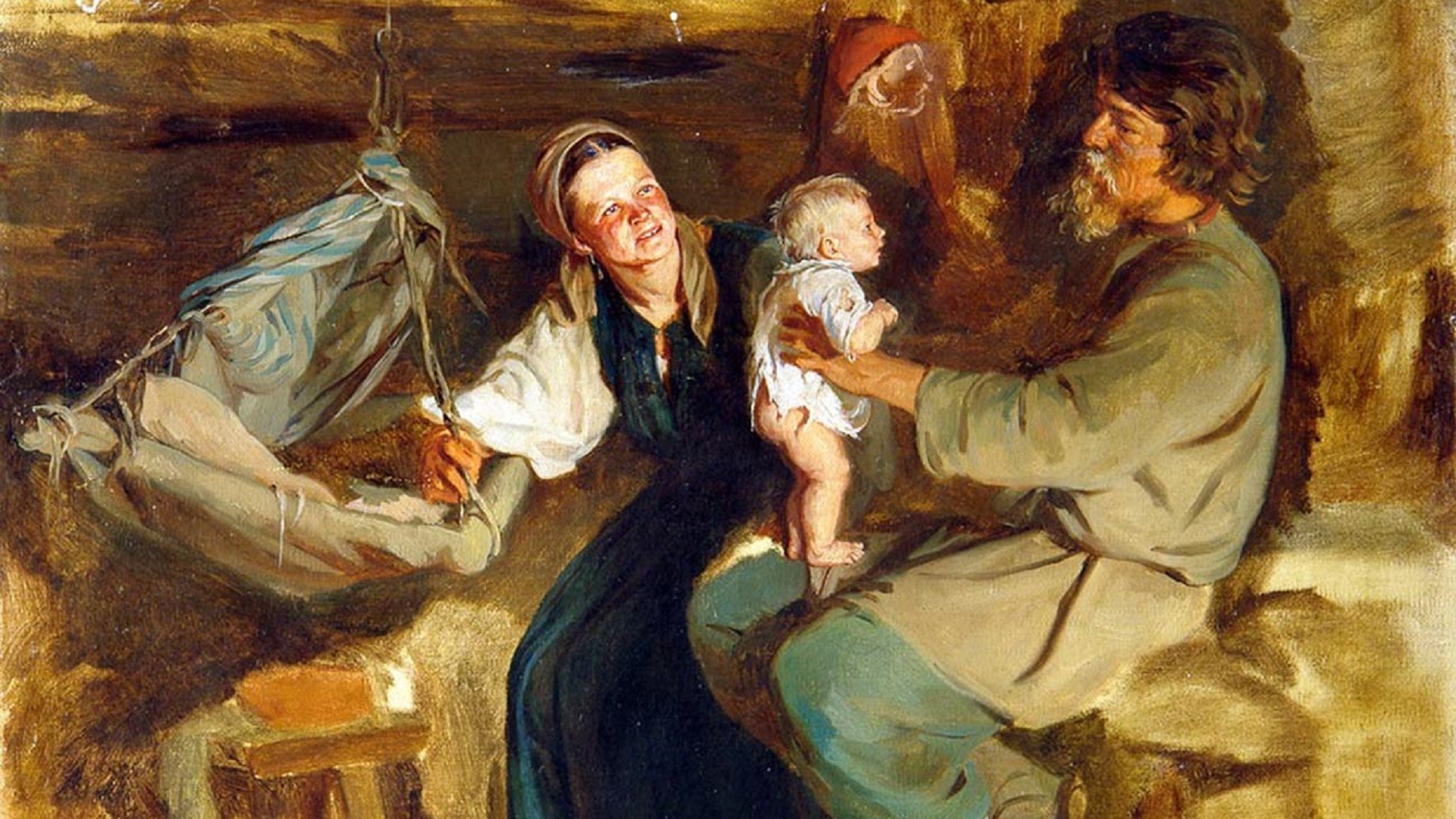 Мужчина в люльке. Родительская радость, к. в. Лемох, 1910.. Лемох родительская радость картина.