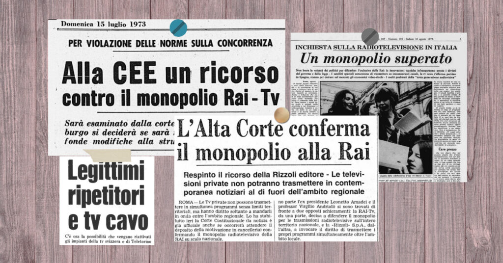 Il 28 luglio 1976 inizia l'epoca delle cosiddette TV private: una sentenza dell'Alta Corte liberalizzava le tv locali, mettendo in crisi il monopolio Rai.